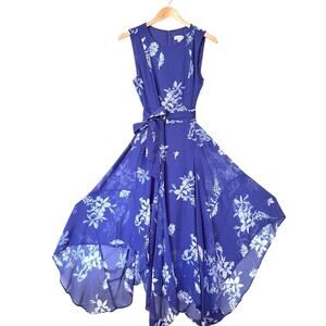 Calvin Klein Dress Size 6 Crinkle Gauze Handkerchief Belt Blue White Floral